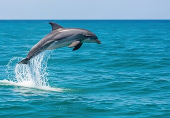 Fototapeta premium A single dolphin jumping and splashing out of the blue ocean water on a clear day.