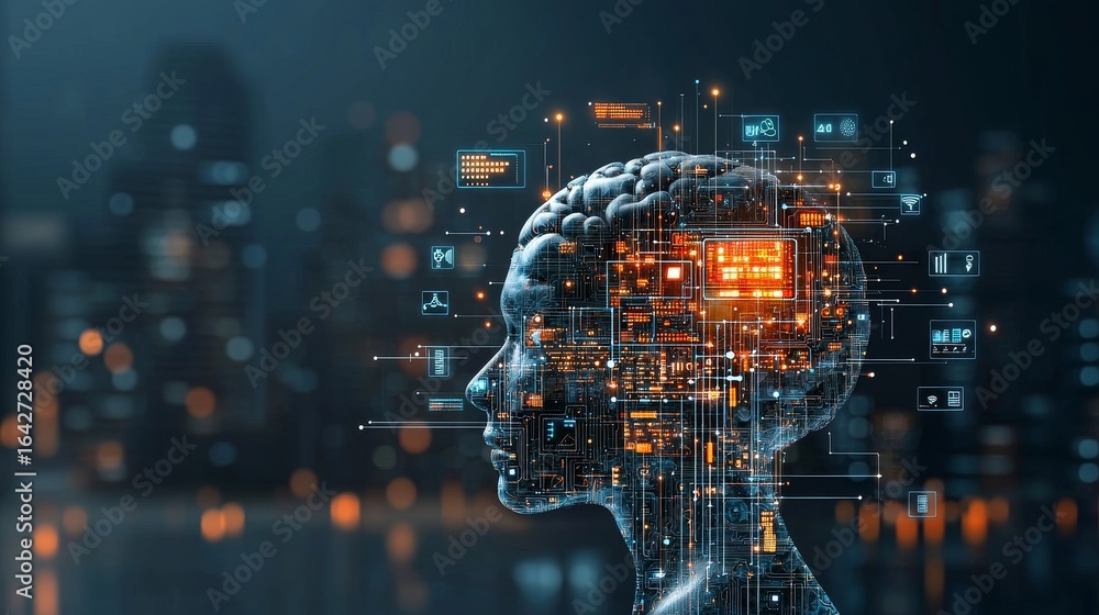 Poster artificial intelligence brain digital landscape futuristic visualization technology hub side view in