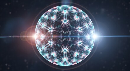 An abstract, glowing orb with a symmetrical lattice pattern floating in a starry cosmos with lens flares.