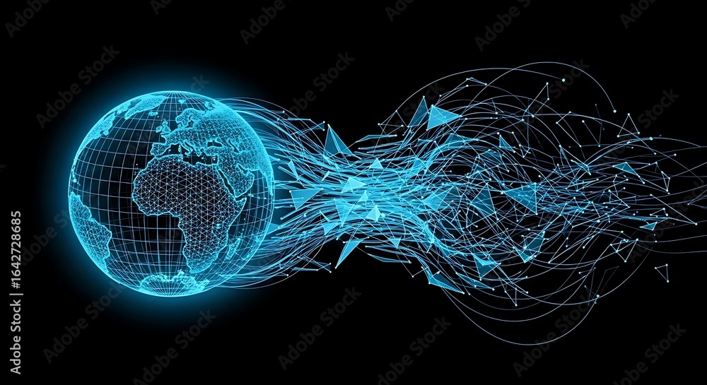 Poster global network data streams emanating from a glowing earth.