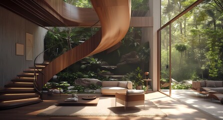 living room with modern spiral staircase