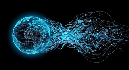 Global network data streams emanating from a glowing Earth.