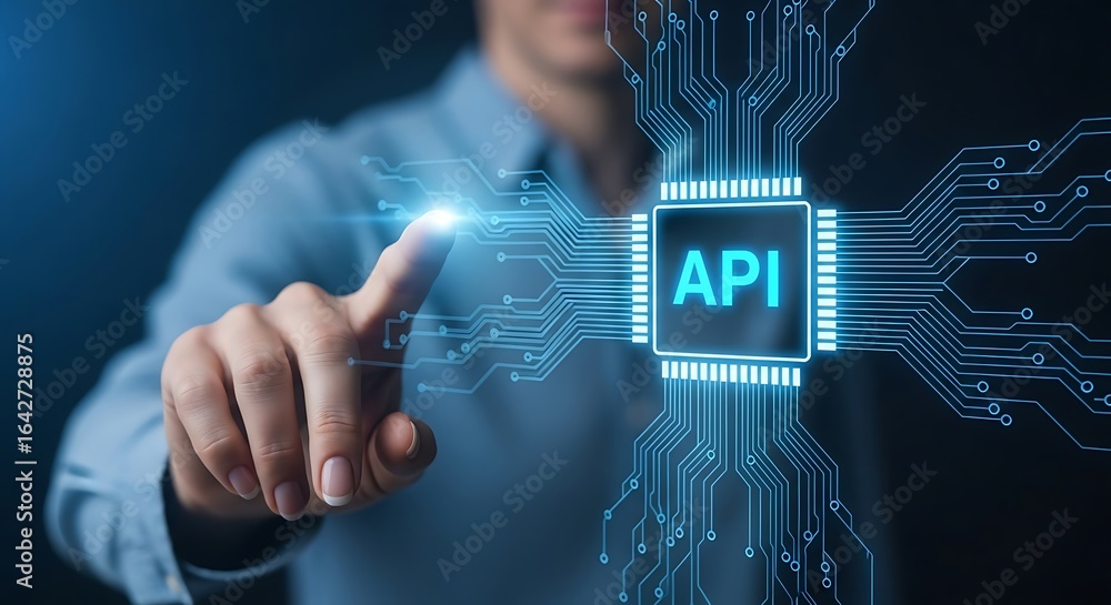 Poster person interacts with a digital api interface, represented by a glowing circuit board and central pr