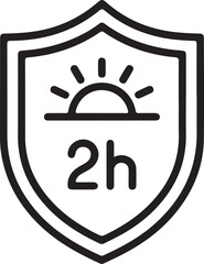 Shield icon with sun and 2h text representing two hour sun protection or uv resistance
