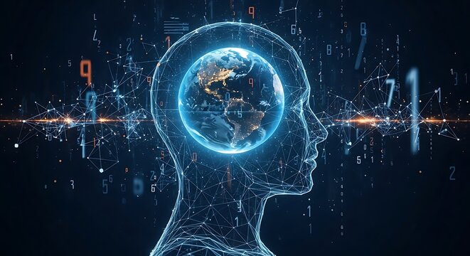 Global interconnectedness visualized as a digital human head containing the Earth, surrounded by data streams.