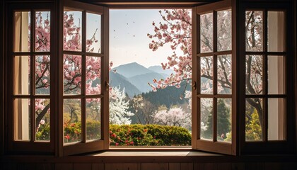 開いた窓から眺める桜と山の風景