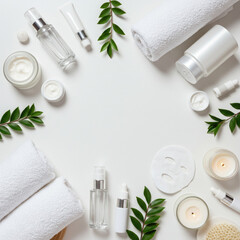Flat Lay Of Skincare And Self-Care Products With Towels And Candles On White Background