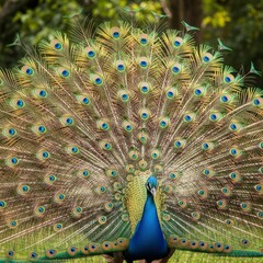 Obraz premium A majestic peacock displaying its beautiful and colorful tail feathers.