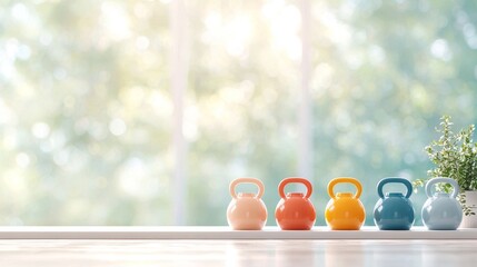 Fitness motivation colorful kettlebells arranged on a wooden surface in a bright home gym environment