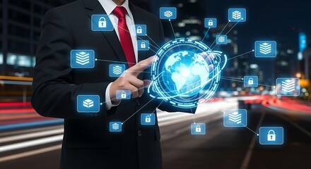 Businessman interacts with a digital globe showcasing global network security.