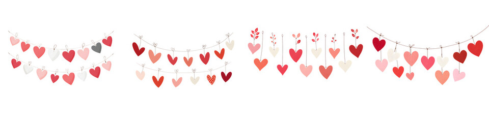 Valentine's Day Heart Garland Set - Red and Pink Hanging Decorations on White Background