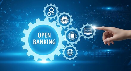 Open banking concept illustrated with interconnected gears representing API, finance, technology, and global access, a hand interacts with the system.