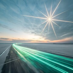 A dynamic longexposure photograph captures the vibrant green light trails of a car speeding down a highway at dusk, with a starburst sun effect illuminating the sky