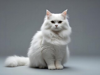 Fluffy white cat sitting on a gray background, looking at the camera
