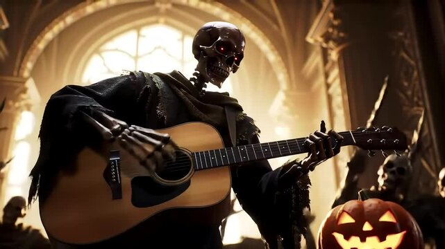 A spooky skeleton guitarist performs a haunting melody on an acoustic guitar in a gothic hall, celebrating Halloween with an undead audience and a glowing jack-o'-lantern.