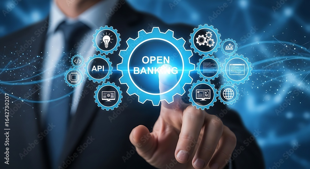 Poster businessman interacts with a digital interface showcasing open banking technology and its interconne