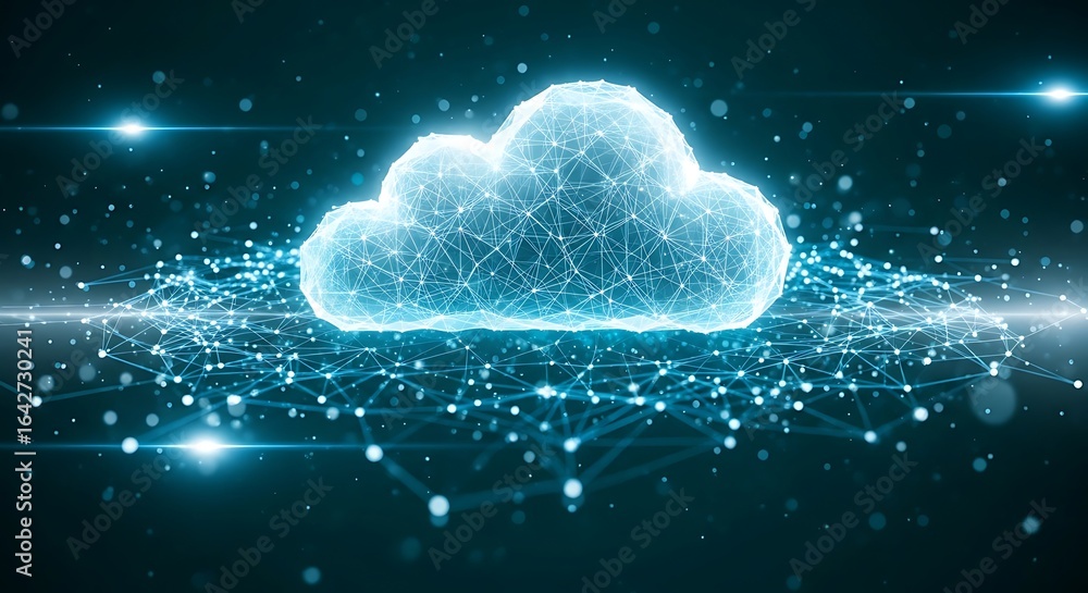 Poster a glowing cloud formed from interconnected lines, representing a digital network and data storage.