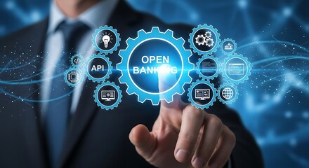Businessman interacts with a digital interface showcasing open banking technology and its interconnected components.