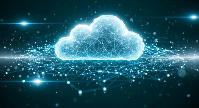 A glowing cloud formed from interconnected lines, representing a digital network and data storage.