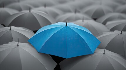 A single blue umbrella amidst many gray ones