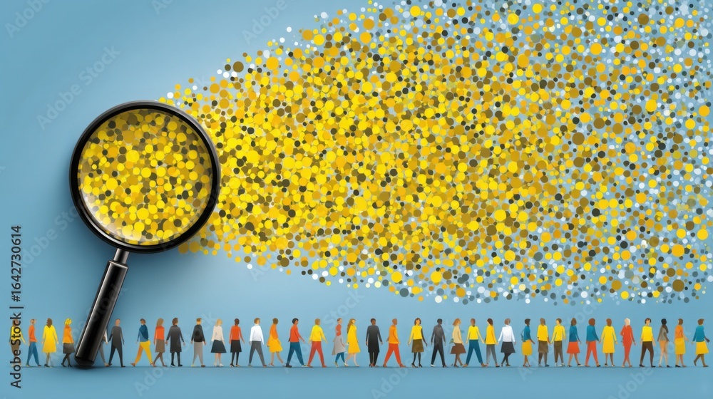 Poster a crowd of people with a magnifying glass to identify trends and patterns over time in a realistic c