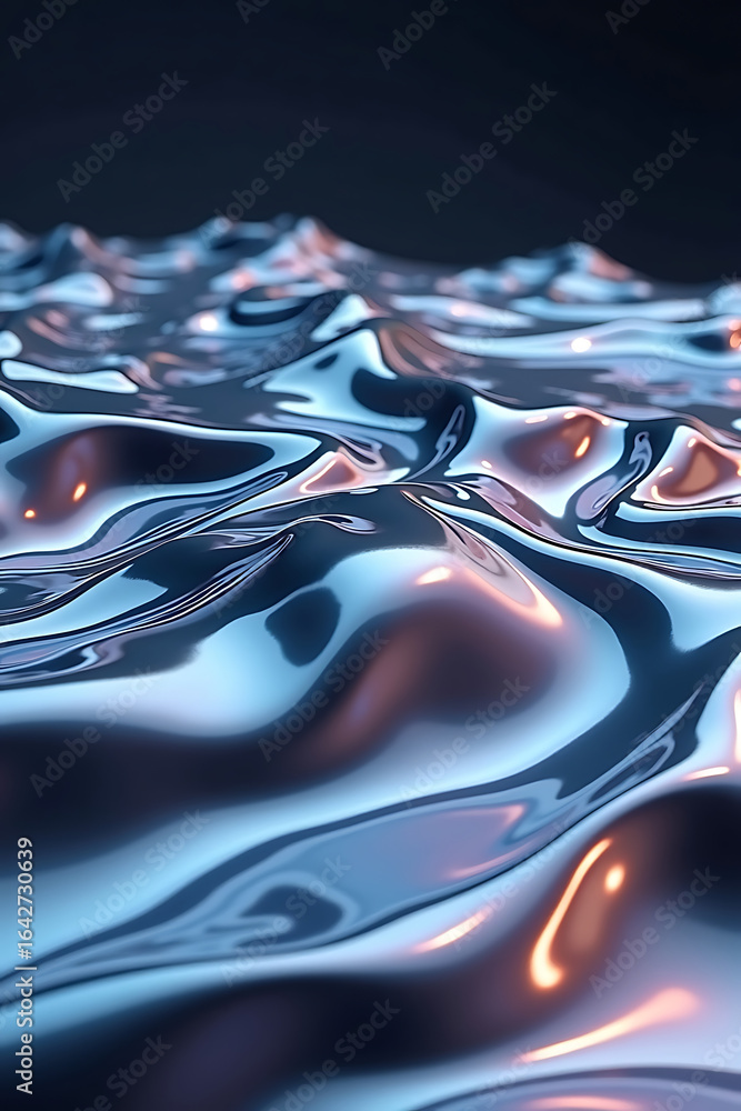 Poster abstract depiction of metallic waves, with light reflecting off the surface creating a dynamic and f