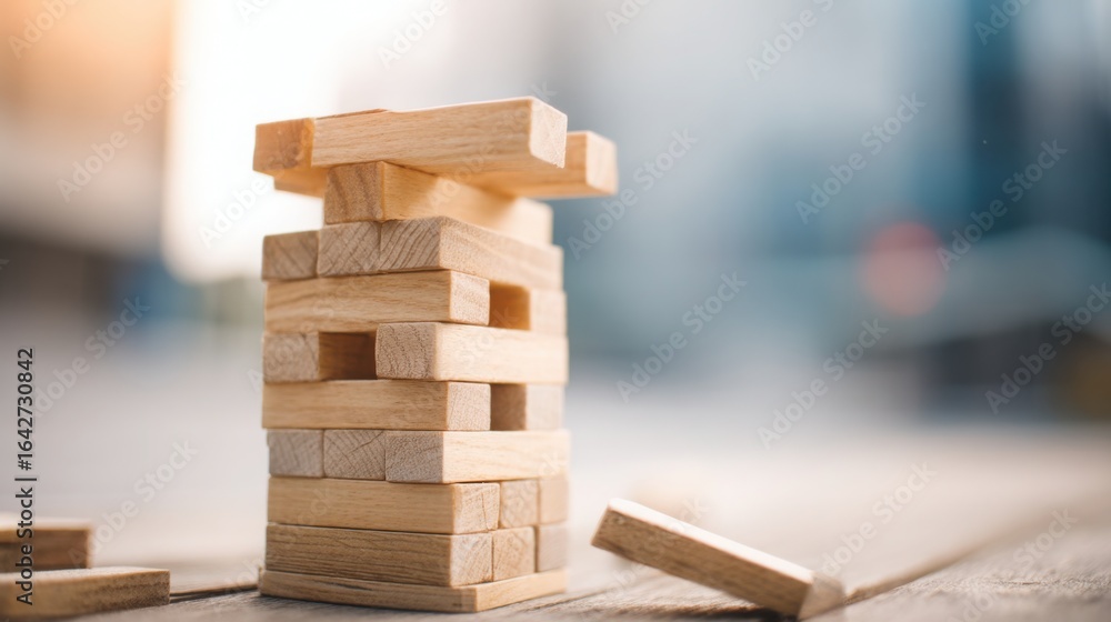 Poster stack of wooden blocks representing small wins and incremental progress in building a strong foundat