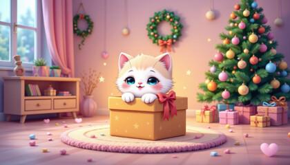 Naklejka premium Cute kitten peeks out of festive gift box in cozy room decorated for Christmas. scene features beautifully adorned Christmas tree, colorful ornaments, and warm, inviting atmosphere filled with joy