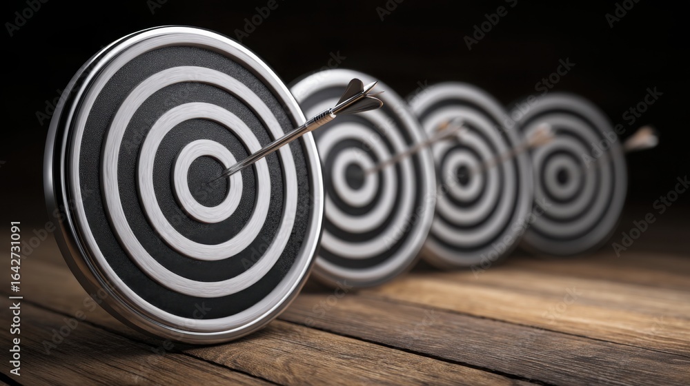 Poster circular with dart embedded in the center symbolizing achievement and priority-based task management