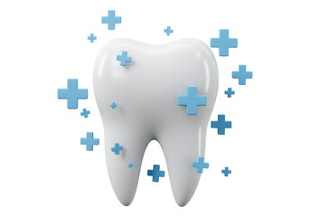 白い歯と青いプラスマークの3Dレンダリングイラスト透明な背景の歯科医療コンセプト
