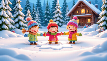 Cheerful children wearing colorful winter clothing play in snow, surrounded by snow covered trees and cozy cabin. Their joyful expressions capture essence of magical winter day