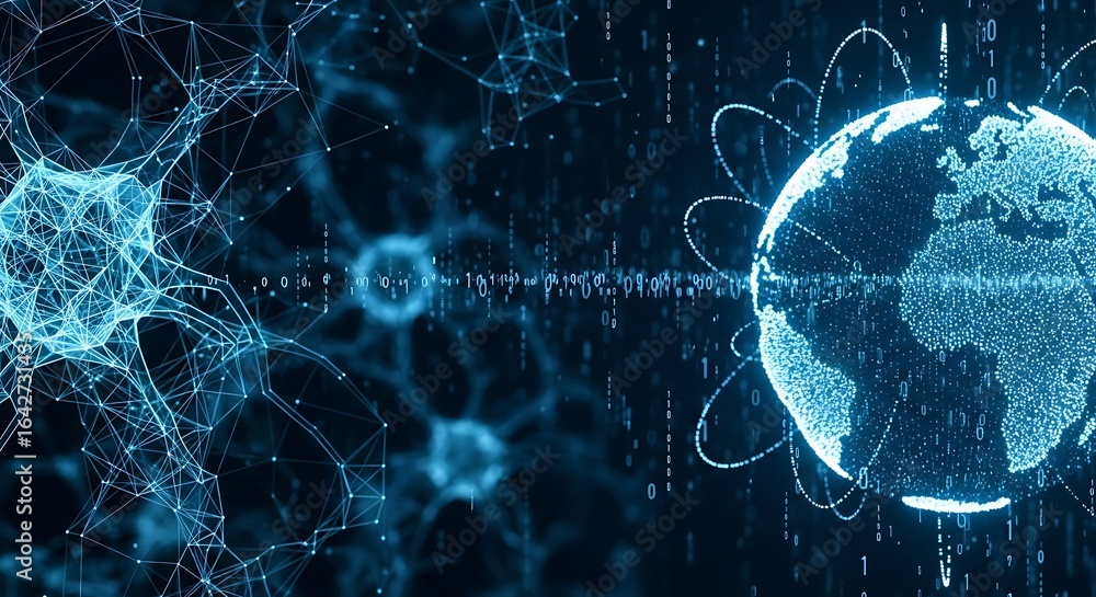 Poster abstract digital representation of a neuron network and a globe, connected by lines, against a dark 