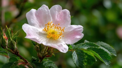 A beautiful pink wildflower is in full bloom, showcasing delicate petals and bright yellow stamens. Surrounded by lush green leaves, it captures the essence of spring.