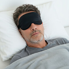 Man Sleeping Peacefully With Eye Mask And Blanket, White Background