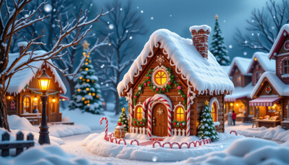 Charming winter scene features cozy gingerbread house adorned with festive decorations, surrounded by snow covered trees and twinkling lights. atmosphere is magical and inviting, perfect