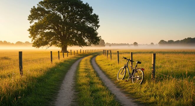 Serene Sunrise: Bicycle Resting by a Winding Path Through a Misty Meadow