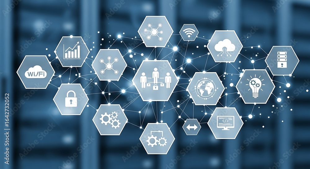 Aufkleber abstract graphic of interconnected data icons displayed over a blurred server rack background, sugge