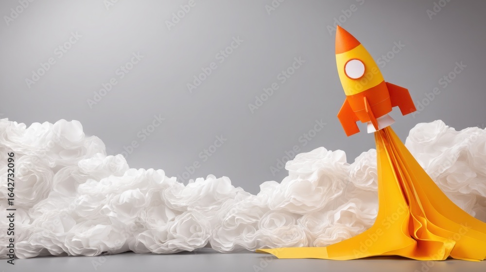Poster a colorful rocket ship surrounded by a cloud of white paper representing support for project launch 