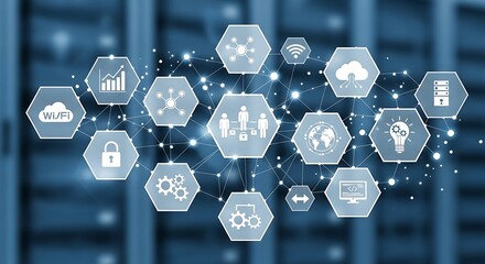 Abstract graphic of interconnected data icons displayed over a blurred server rack background, suggesting cloud computing and network connectivity.
