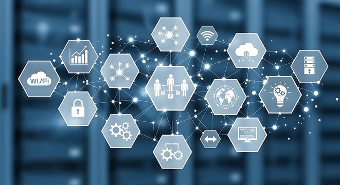 Abstract graphic of interconnected data icons displayed over a blurred server rack background, suggesting cloud computing and network connectivity.