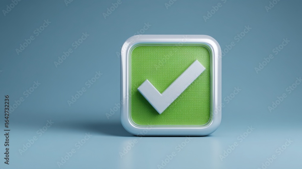 Poster green check mark icon representing completion, success, and progress in a task or survey context on 