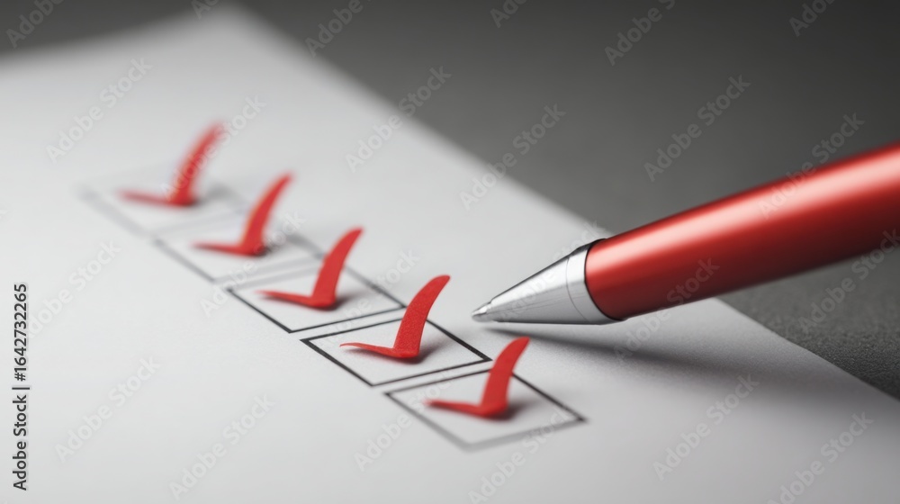 Poster elegant pen placed next to a green check mark signifying accurate completion and verification of tas