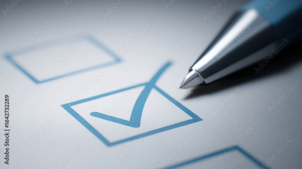 Poster close-up view of a check mark with a pen signifying successful completion of a task or survey in a p