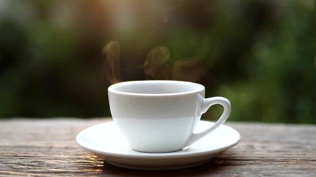 Hot Coffee Cup. Hot coffee white cup on old wood table with steam rising, symbolizing warmth, energy, and relaxation. Perfect for cafe, breakfast, beverage, or morning lifestyle. Coffee Concept.