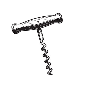 Hand drawn illustration of a vintage corkscrew for wine bottle opener and beverage concepts