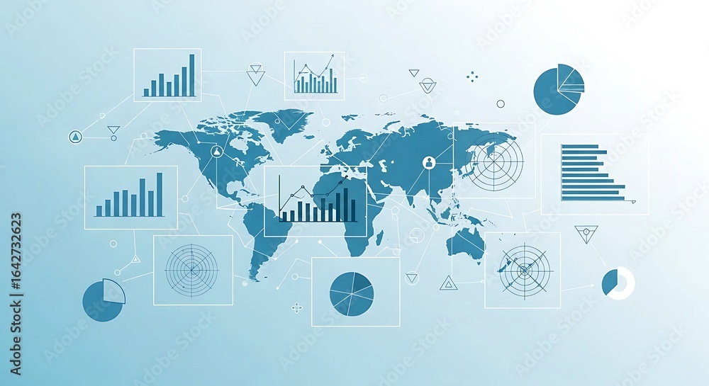 Aufkleber global data visualization, showing world map overlaid with various charts and graphs.