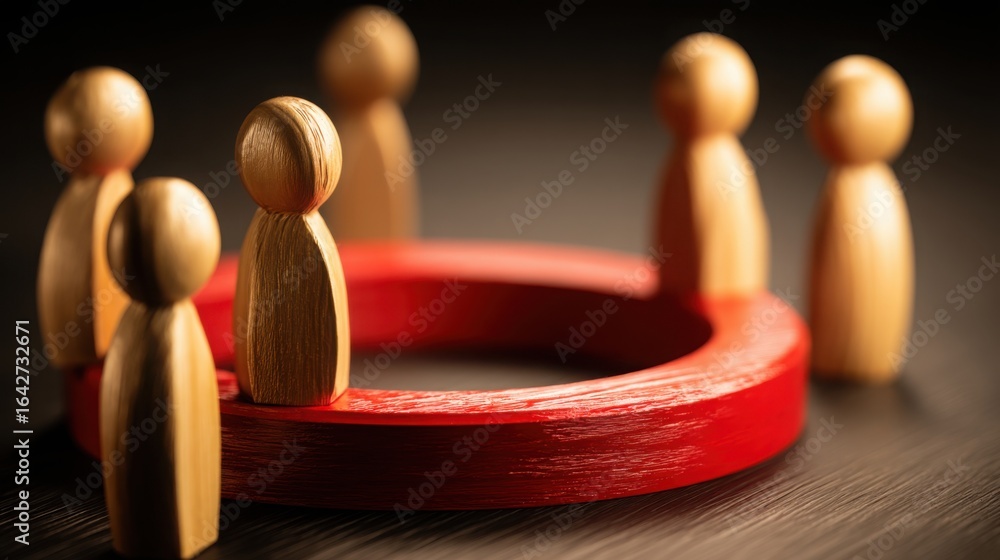 Poster artistic representation of a group of wooden people illustrating team performance loop and mapping r