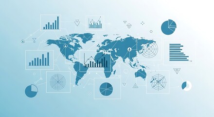Global data visualization, showing world map overlaid with various charts and graphs.