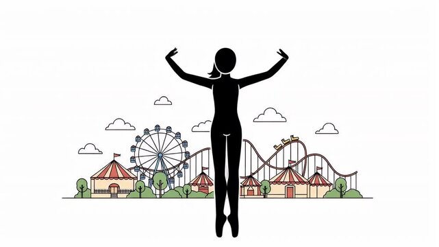 Dynamic Black Stick Figure Woman Dancing Joyfully in an Animated Amusement Park with a Ferris Wheel and Roller Coaster Against a Clean White Background Perfect for Joy and Recreation Themes