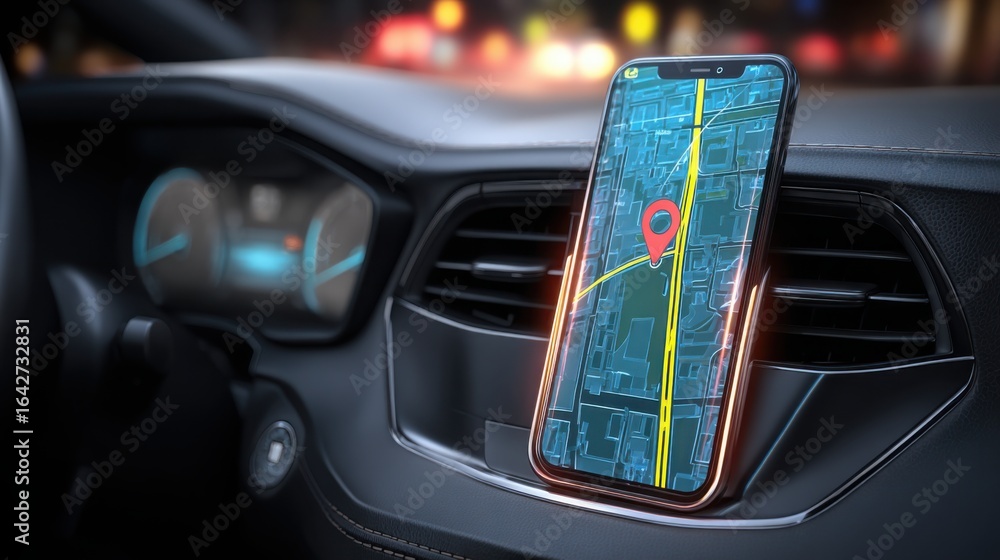 Poster car dashboard displaying smartphone integration at the center of an advanced vehicle technology setu